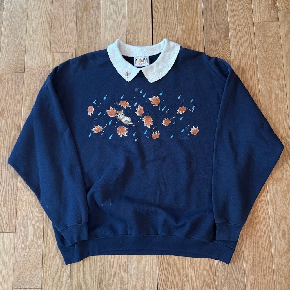 Vntg Morning Sun Petite Large Navy Falling Leaves Mouse Collared Grandma Sweater